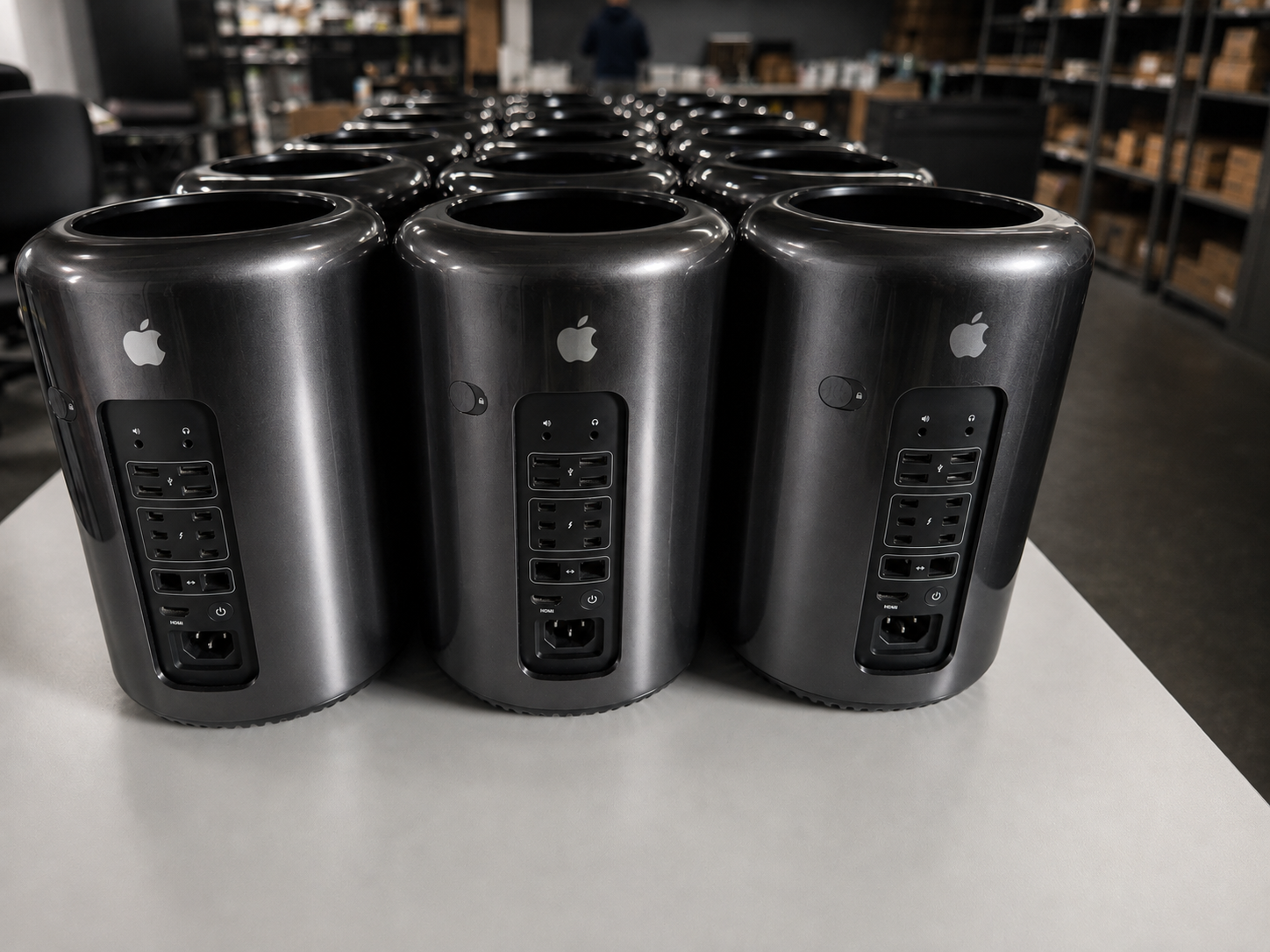 Mac Pros lined up and ready for configuration